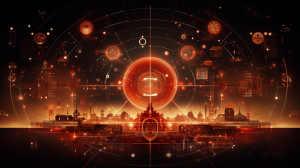A vast digital cosmos in hues of orangish-brown and bright red, dotted with icons representing AI technologies, neural networks, and data streams, with a clear central zone reserved for the AI company insignia, symbolizing the breadth and depth of AI's influence, Digital Art, intricate design in Adobe After Effects