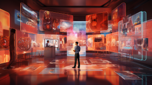 A vibrant AI research lab environment, with holographic projections of AI models in shades of orangish-brown and bright red, data streams flowing, and an unobtrusive space in the center for the AI company insignia, emphasizing the innovative journey in AI, Digital Painting, layered art in Clip Studio Paint
