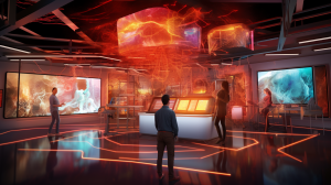 A vibrant AI research lab environment, with holographic projections of AI models in shades of orangish-brown and bright red, data streams flowing, and an unobtrusive space in the center for the AI company insignia, emphasizing the innovative journey in AI, Digital Painting, layered art in Clip Studio Paint 04