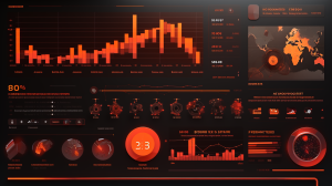 An interactive AI dashboard backdrop in orangish-brown and bright red hues, featuring dynamic graphs, AI algorithms, and data flowcharts, with a designated gradient gray section for the AI company emblem, representing the analytical power of AI, Graphic Design, high-fidelity visuals in Figma, 03