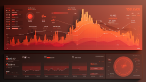 An interactive AI dashboard backdrop in orangish-brown and bright red hues, featuring dynamic graphs, AI algorithms, and data flowcharts, with a designated gradient gray section for the AI company emblem, representing the analytical power of AI, Graphic Design, high-fidelity visuals in Figma 04