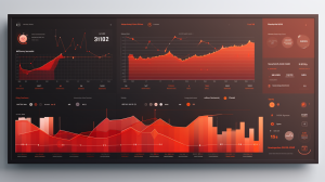 An interactive AI dashboard backdrop in orangish-brown and bright red hues, featuring dynamic graphs, AI algorithms, and data flowcharts, with a designated gradient gray section for the AI company emblem, representing the analytical power of AI, Graphic Design, high-fidelity visuals in Figma 02