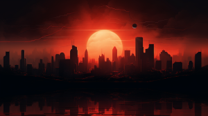 Futuristic city skyline silhouette at dusk, with skyscrapers illuminated in orangish-brown and bright red, a soft gradient gray sky above, suggesting the modern landscape AI shapes, Digital Painting, crafted visuals using Procreate