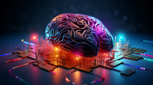 AI Generated Brain and Circuits - Logo AI company with colors RGB(227, 159, 89) and RGB(233, 51, 35), intricate intertwined circuits forming the shape of a brain, set against a sleek modern office background, evoking innovation and intelligence, Photography, Nikon D850 with a 50mm lens